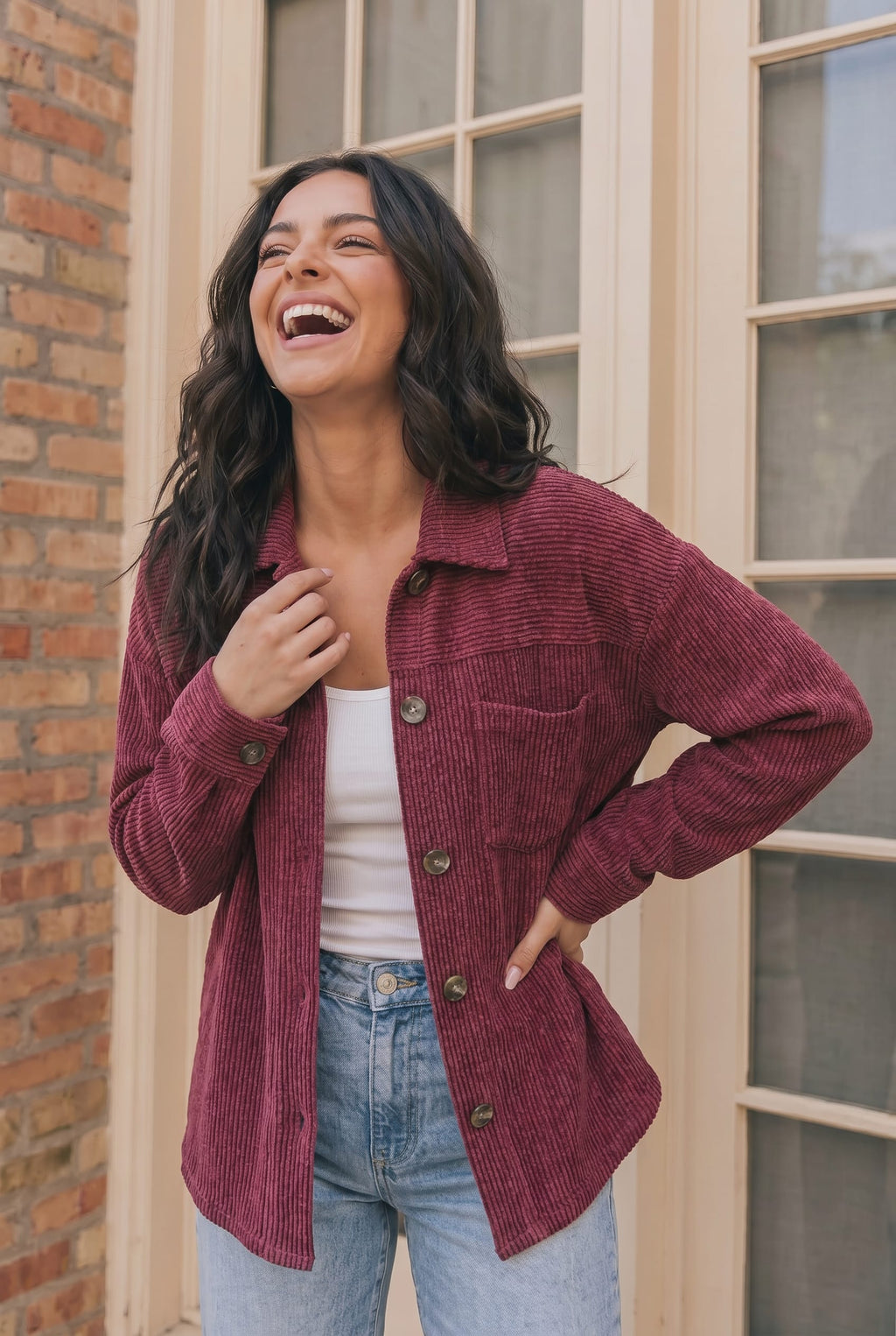 Wine Oversize Wavy Rib Button Jacket