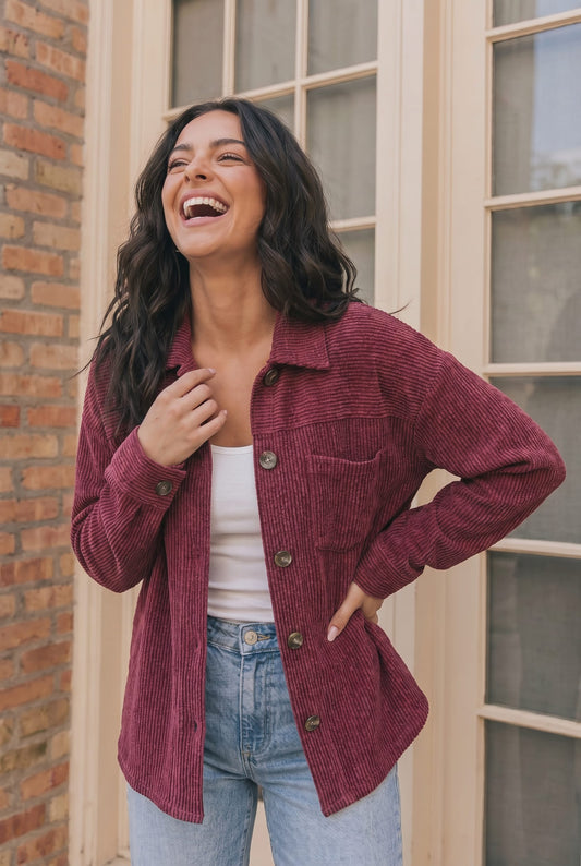 Wine Oversize Wavy Rib Button Jacket