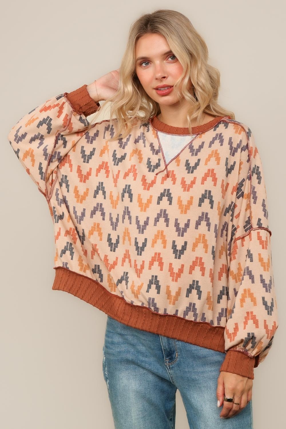 CREW NECK COLOR BLOCK PULLOVER KNIT TOP