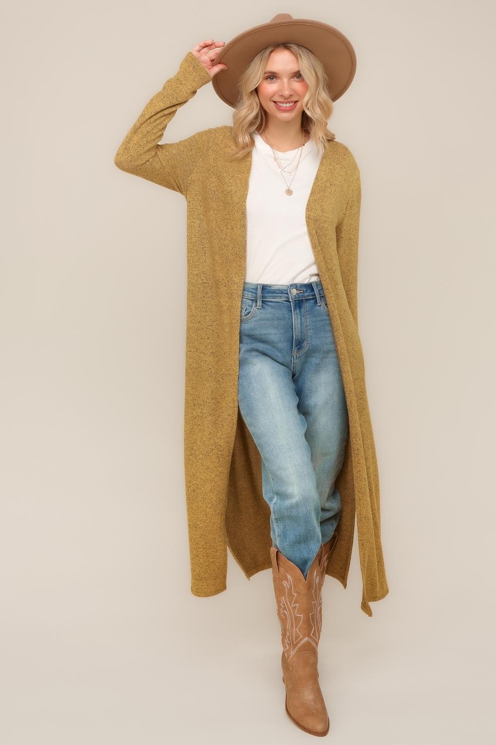 TWO TONE HACCI OPEN CARDIGAN WITH SIDE SLITS