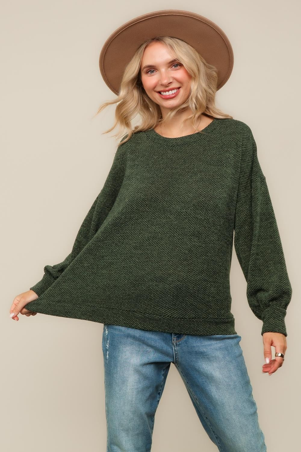 PLUS BUBBLE LONG SLEEVE TWO TONE SWEATER KNIT TOP