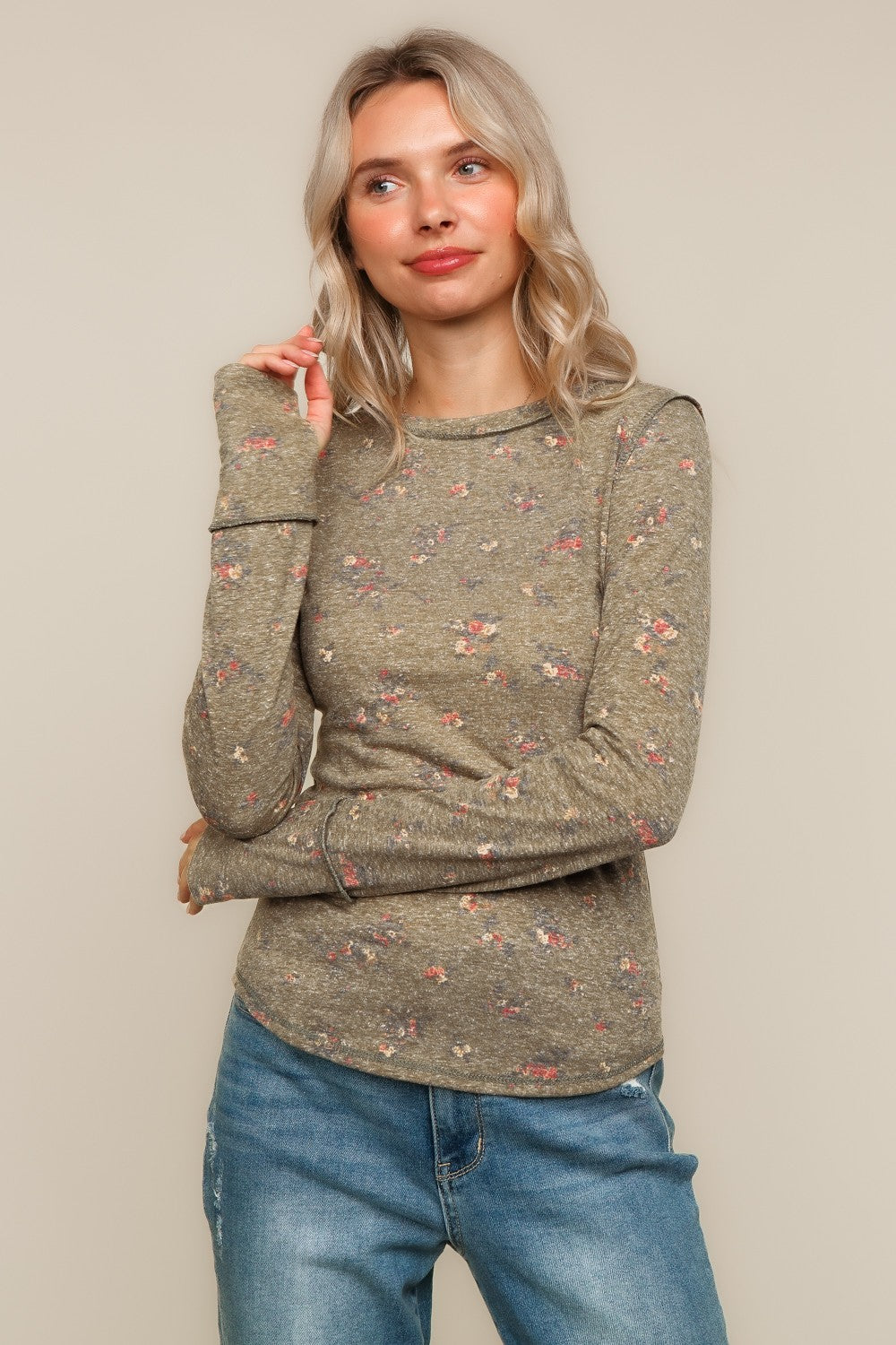KNIT TOP BANDED LONG SLEEVE W/ THUMB HOLE