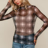PLUS HIGH NECK LINE PLAID MESH SEMI SHEER TOP
