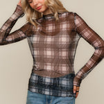 PLUS HIGH NECK LINE PLAID MESH SEMI SHEER TOP