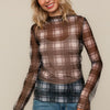 HIGH NECK LINE PLAID MESH SEMI SHEER TOP