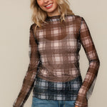 HIGH NECK LINE PLAID MESH SEMI SHEER TOP