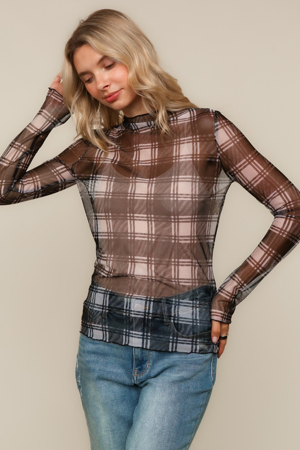 HIGH NECK LINE PLAID MESH SEMI SHEER TOP