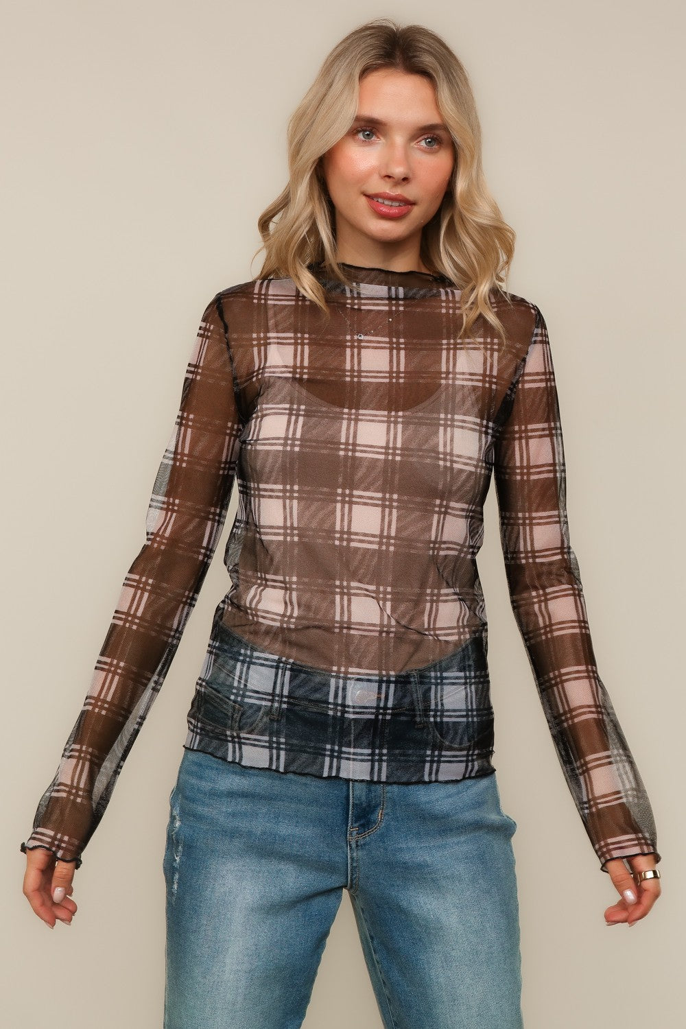 HIGH NECK LINE PLAID MESH SEMI SHEER TOP