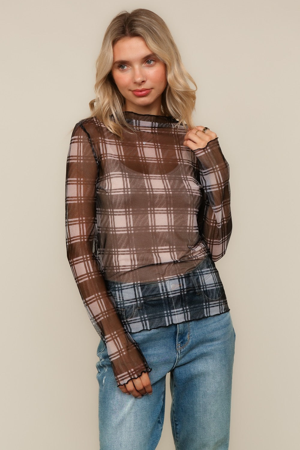 HIGH NECK LINE PLAID MESH SEMI SHEER TOP
