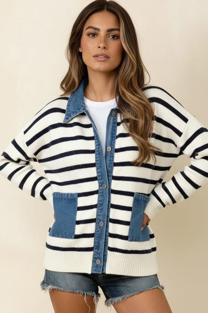 DENIM STRIPE SWEATER CARDIGAN W/ POCKET