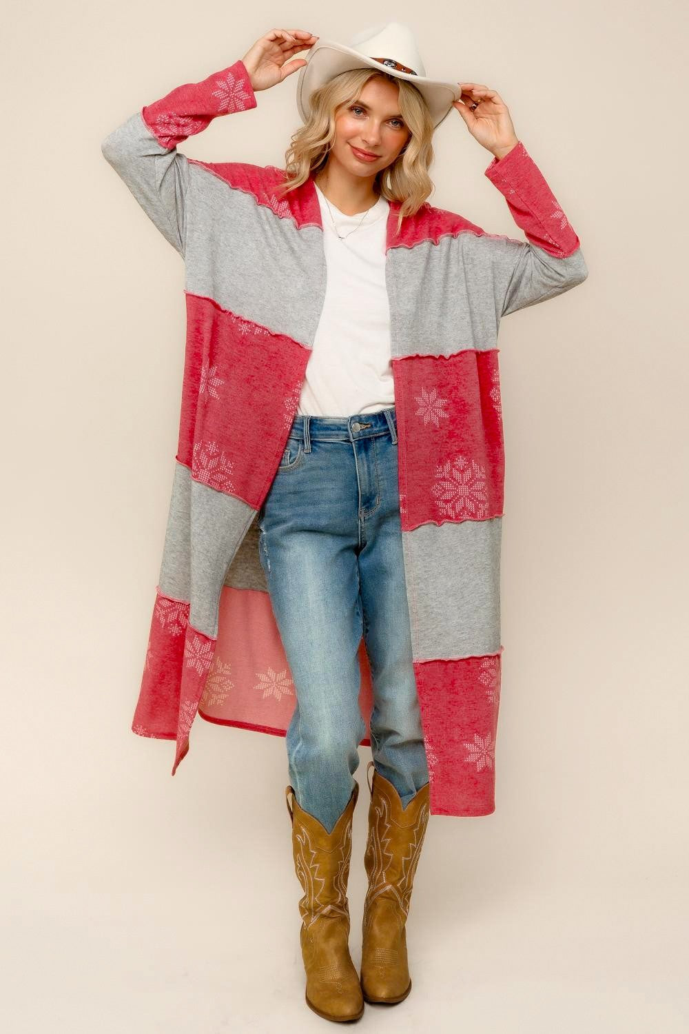 PLUS COLOR BLOCK SNOW FLAKE PRINT DUSTER CARDIGAN