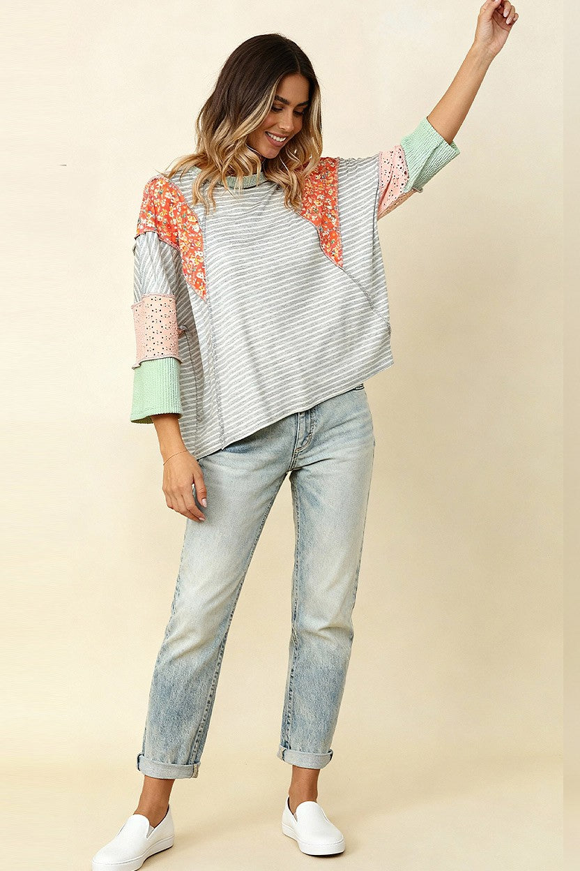 FLORAL COLOR BLOCK OVERSIZED STRIPE KNIT TOP