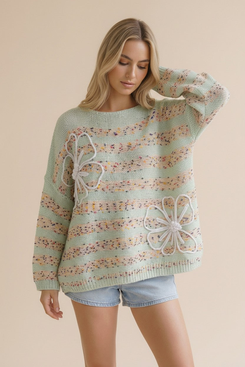 MINT POPCORN STRIPE 3D FLOWER LONG SLEEVE SWEATER
