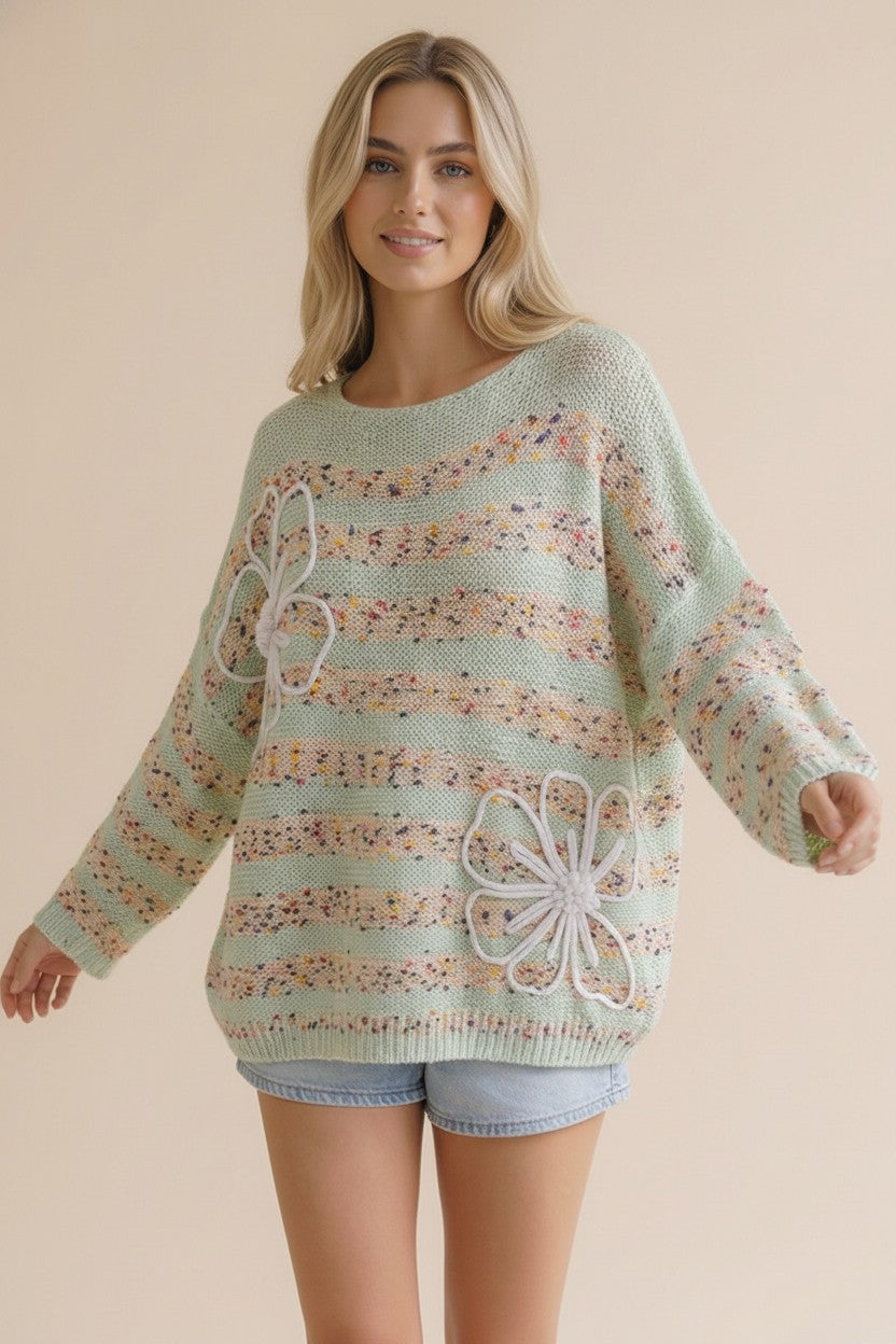 MINT POPCORN STRIPE 3D FLOWER LONG SLEEVE SWEATER