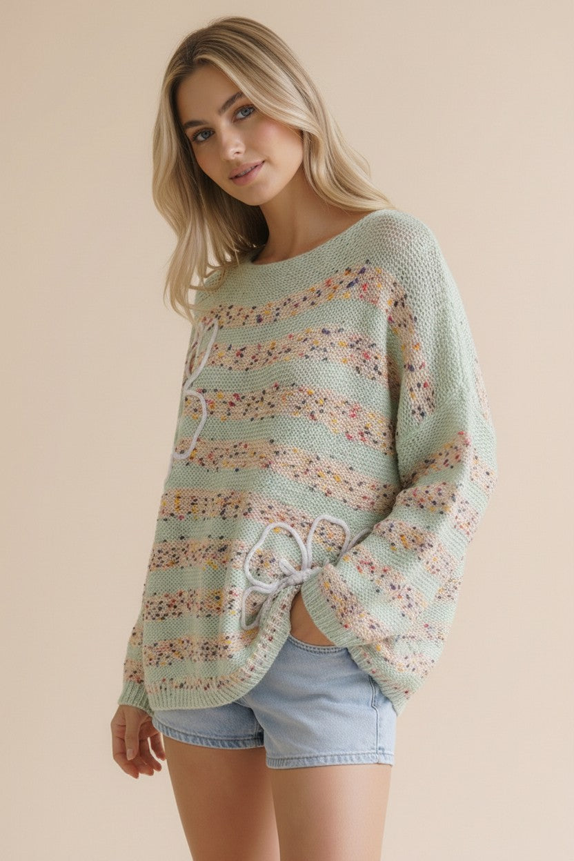 MINT POPCORN STRIPE 3D FLOWER LONG SLEEVE SWEATER