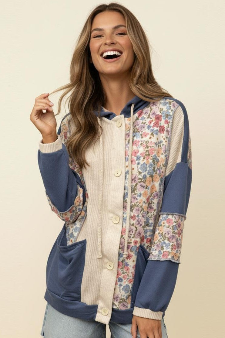 BUTTON RIB FLORAL COLORBLOCK HOODIE JACKET