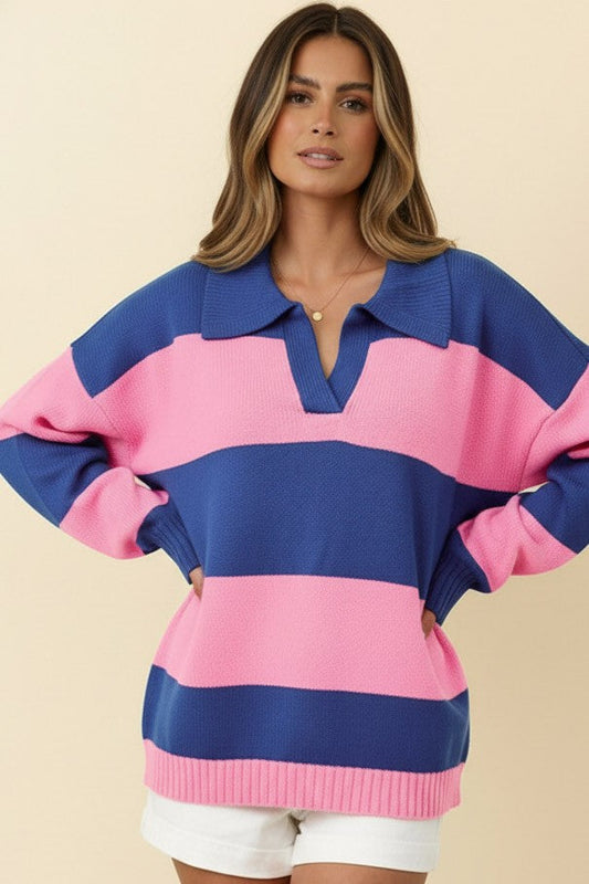 PLUS COBALT BLUE COLLARED STRIPE COLOR BLOCK SWEATER KNIT TOP