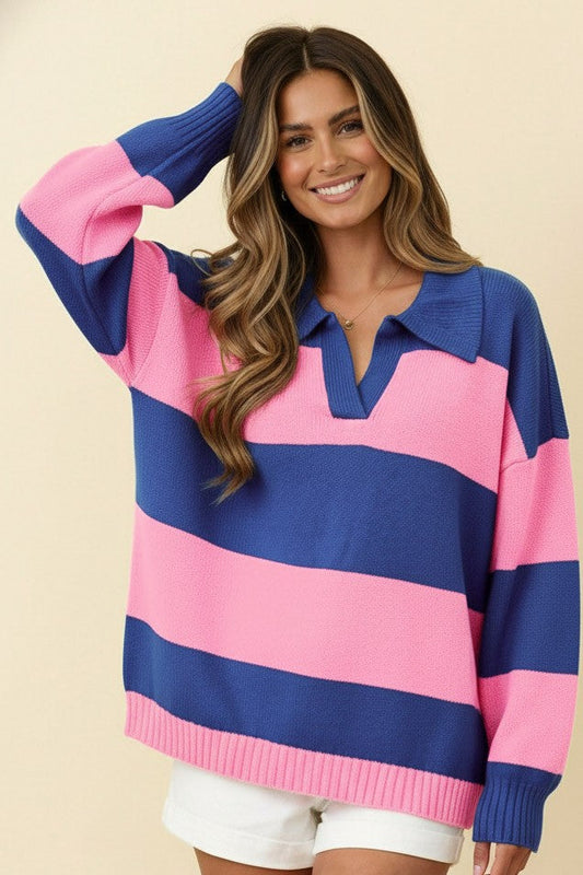PLUS COBALT BLUE COLLARED STRIPE COLOR BLOCK SWEATER KNIT TOP