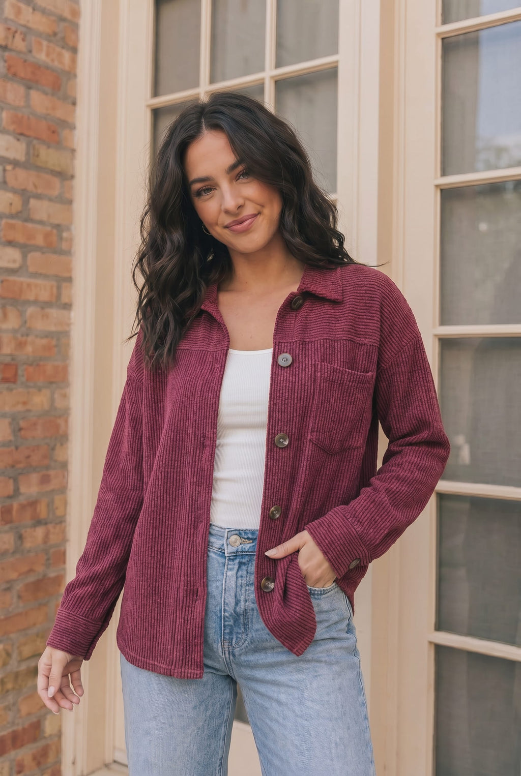 Wine Oversize Wavy Rib Button Jacket