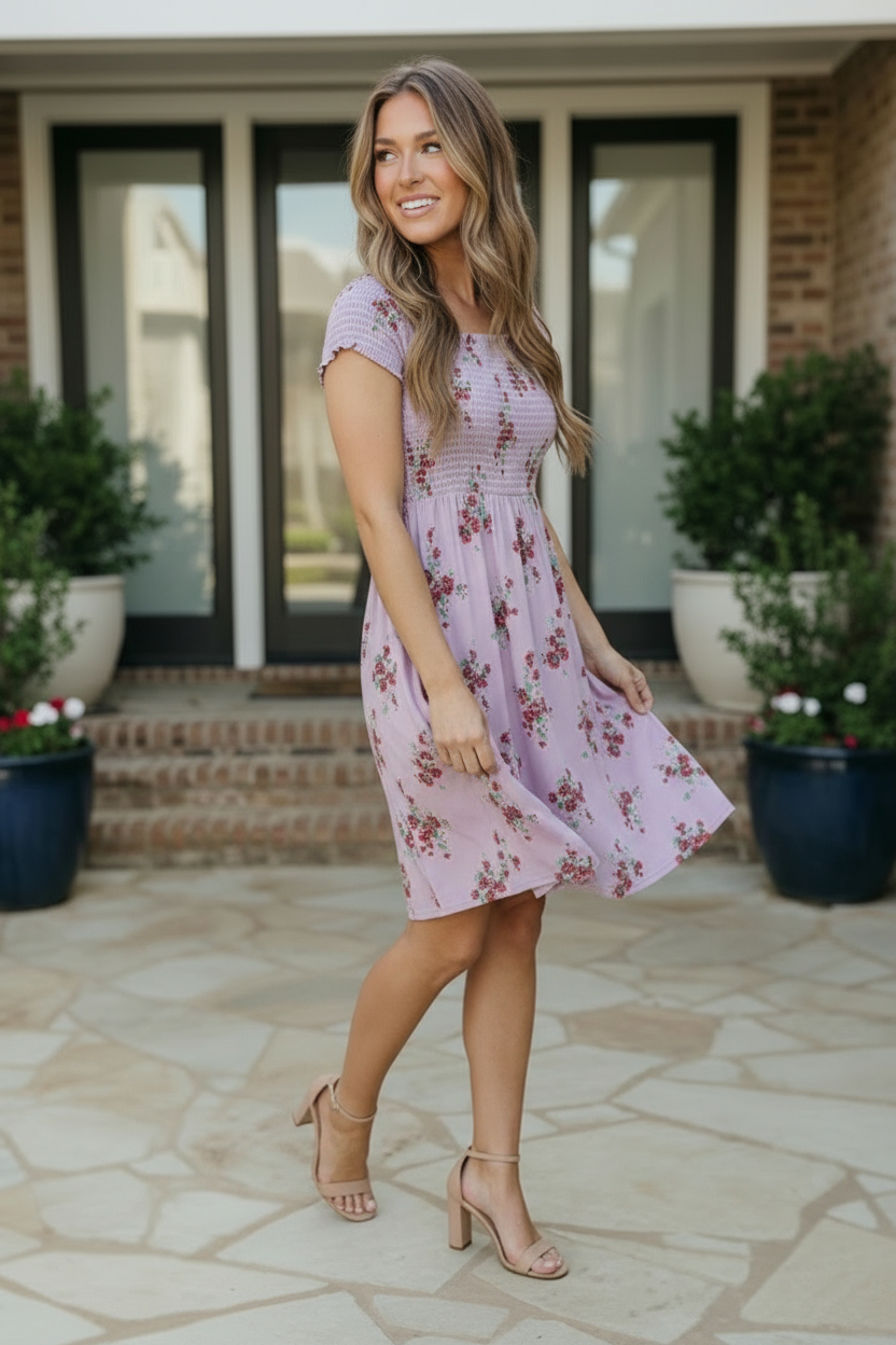 Lilac Smocked Panel Floral Dress