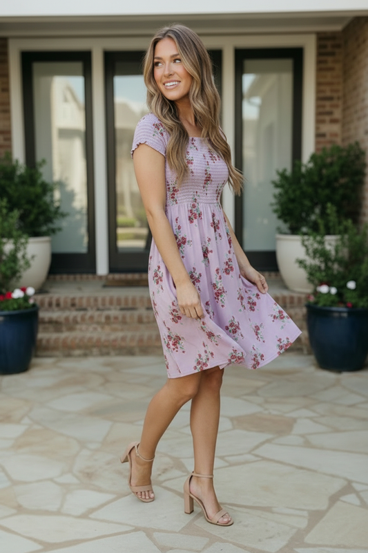 Lilac Smocked Panel Floral Dress