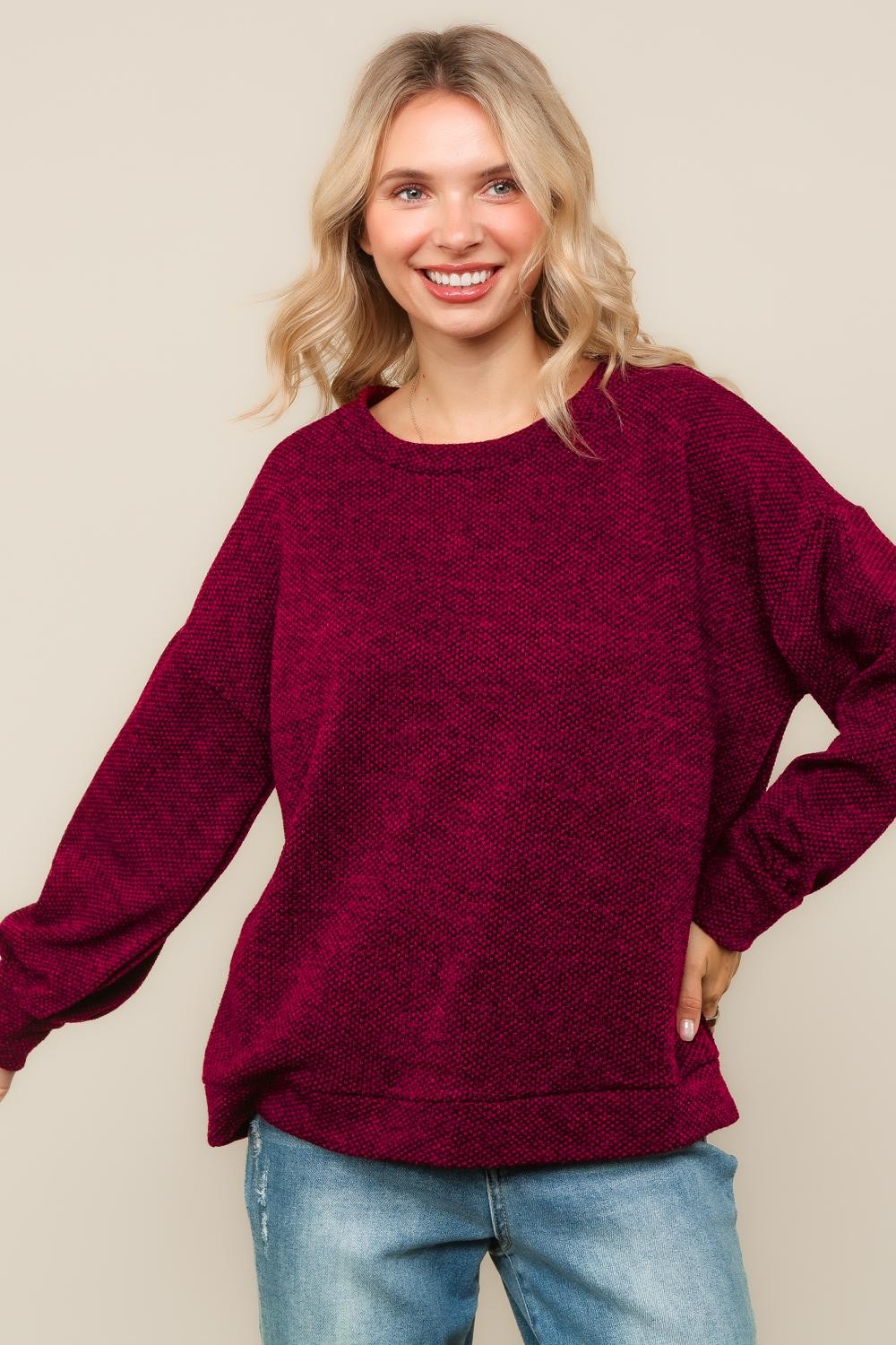 BUBBLE LONG SLEEVE TWO TONE SWEATER KNIT TOP