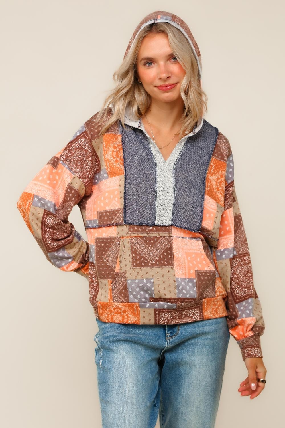PLUS BOHO PATCHWORK TOP W/ HOODIE