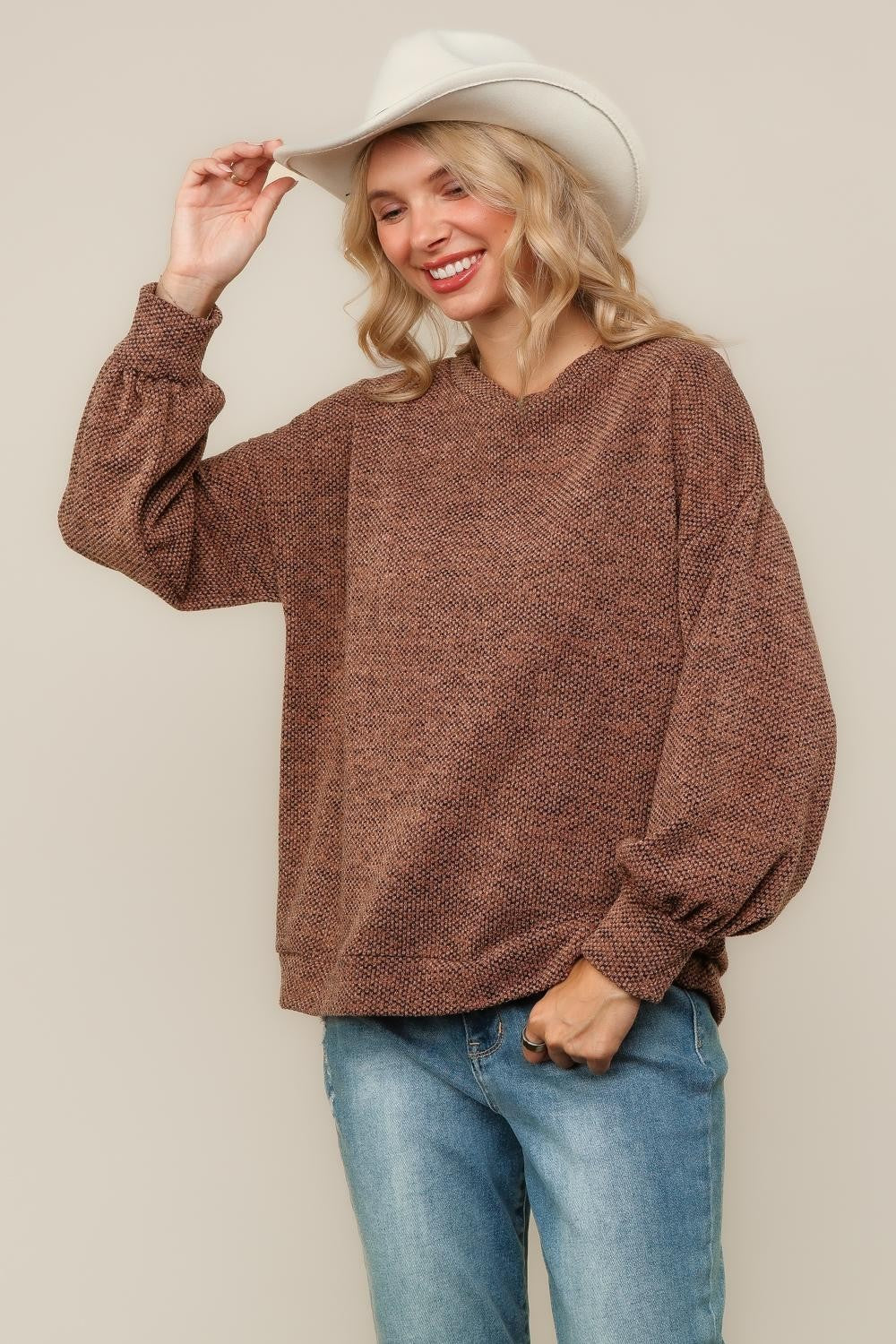PLUS BUBBLE LONG SLEEVE TWO TONE SWEATER KNIT TOP
