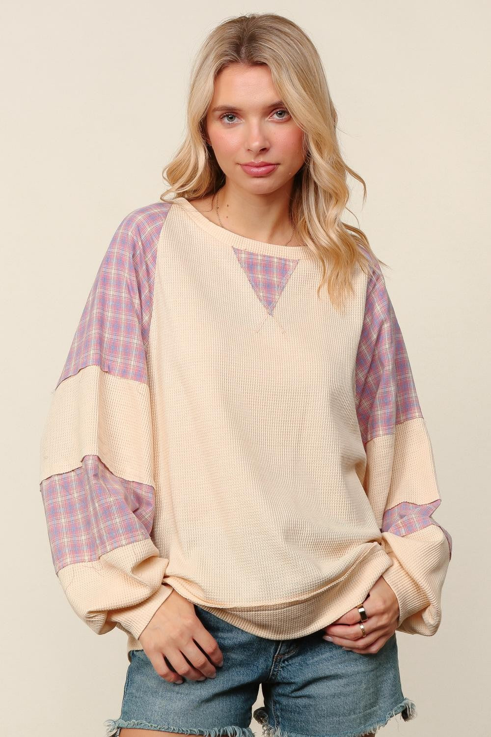 PLUS THERMAL PLAID WOVEN LOOSE FIT PULLOVER TOP