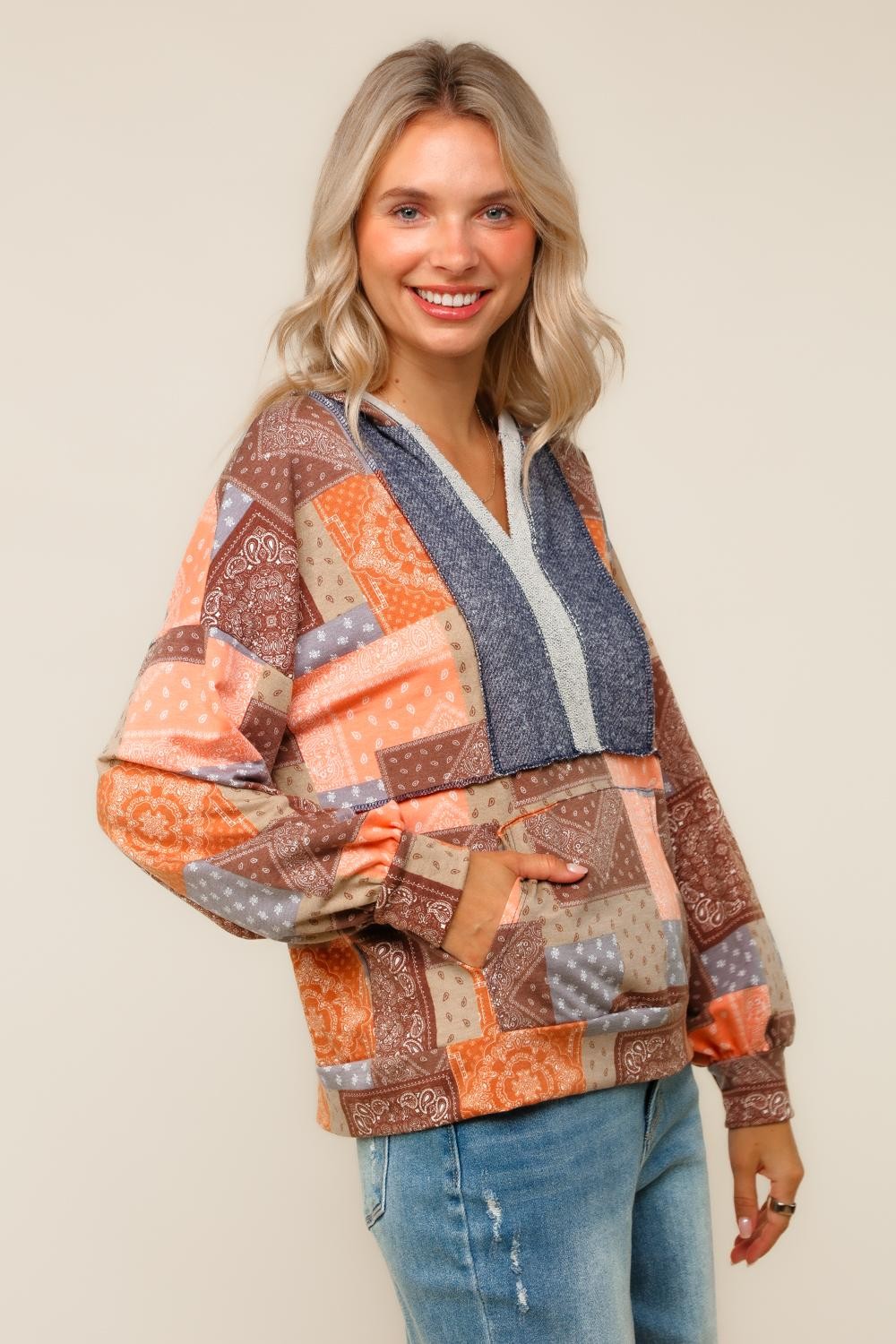 PLUS BOHO PATCHWORK TOP W/ HOODIE