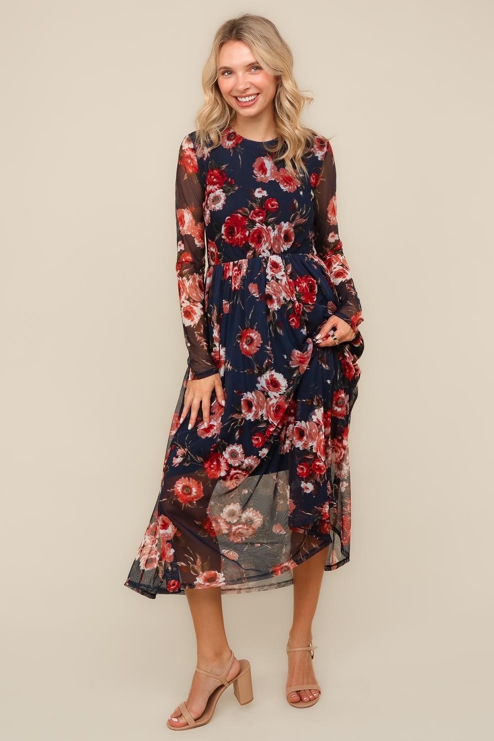 PLUS MIDI SEMI SHEER MESH WITH BACK NECK BUTTON