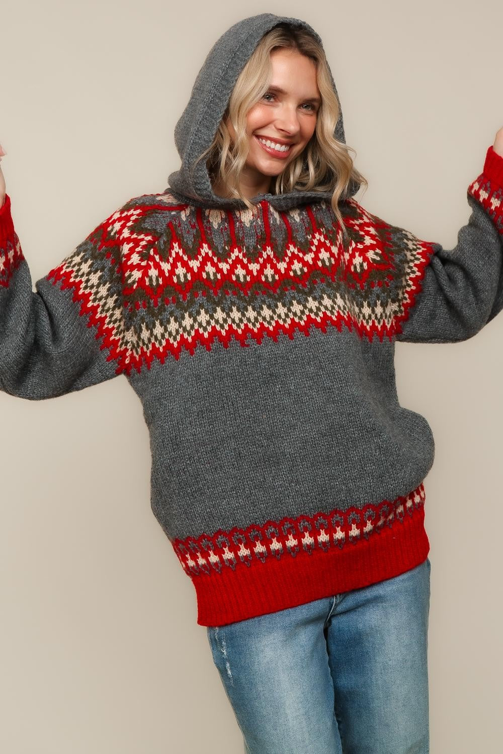 JACQUARD PULLOVER SWEATER KNIT TOP WITH HOODIE