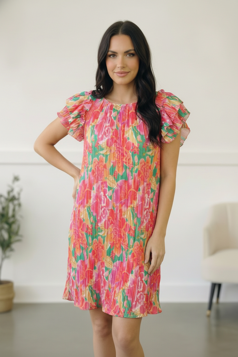 Pink Multi Floral Print Accordian Style Dress