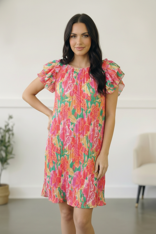 Pink Multi Floral Print Accordian Style Dress