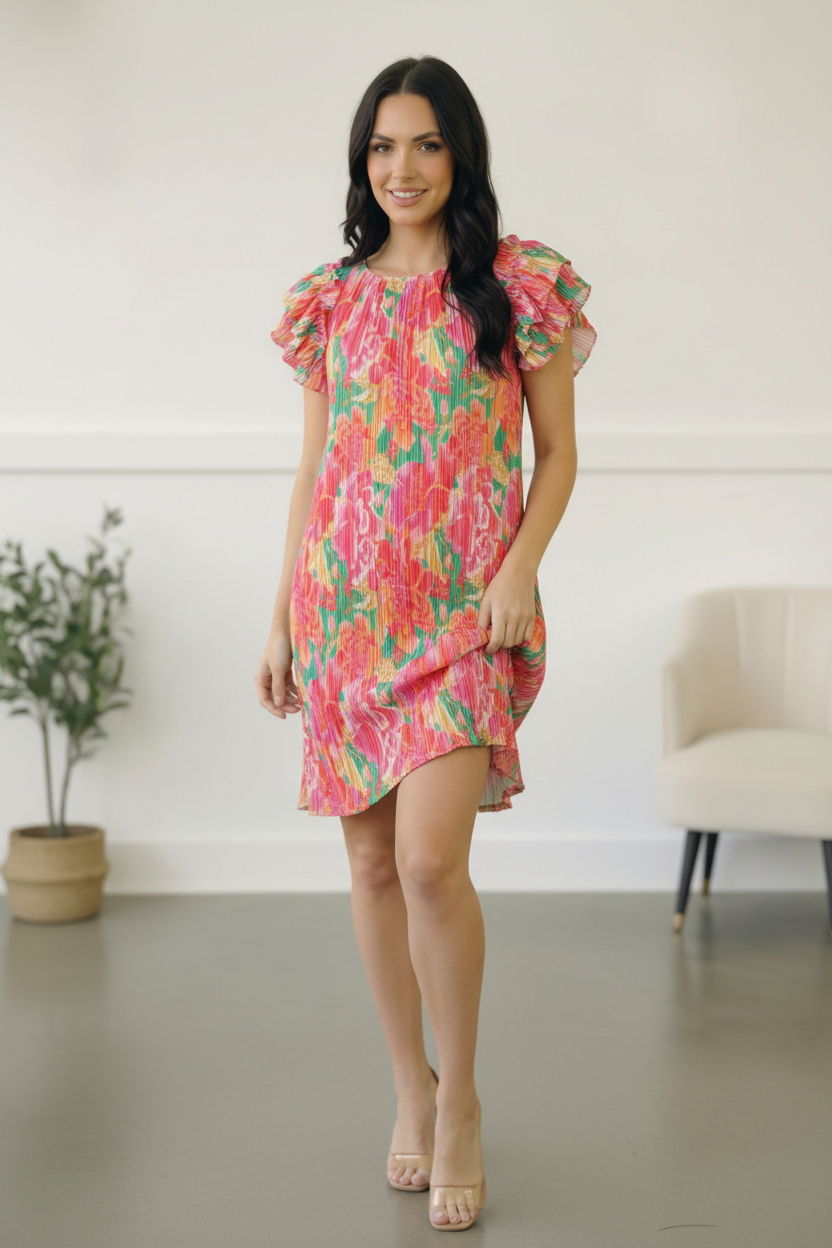 Pink Multi Floral Print Accordian Style Dress