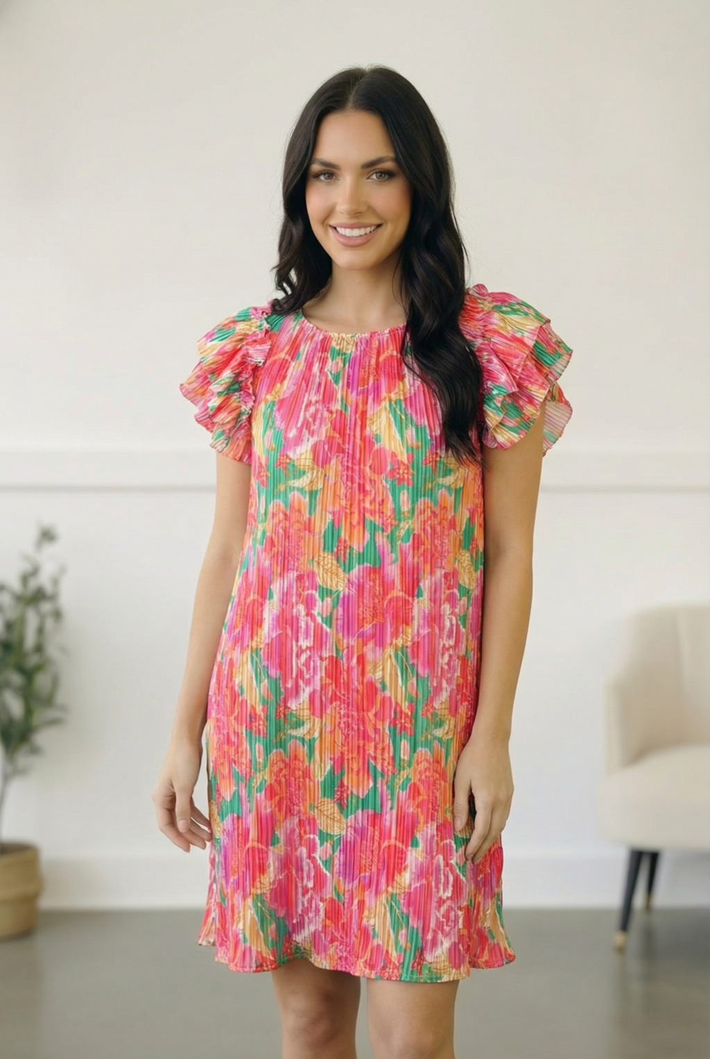 Pink Multi Floral Print Accordian Style Dress