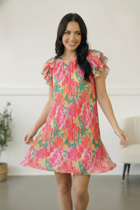 Pink Multi Floral Print Accordian Style Dress