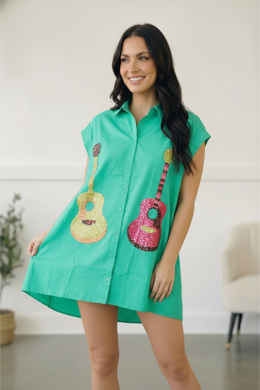 Emerald Sequins Embroidered "Guitar" Dress