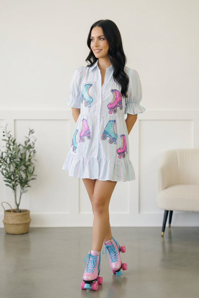 Pastel Multi Stripe Button Roller Skate Sequin Patch Pocket Dress