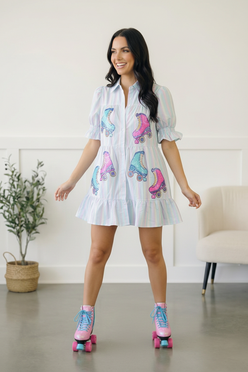 Pastel Multi Stripe Button Roller Skate Sequin Patch Pocket Dress