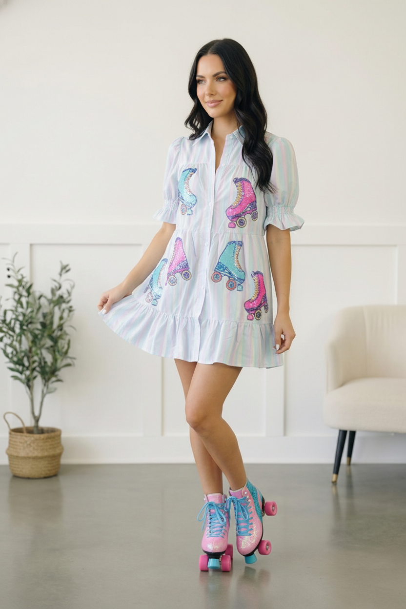 Pastel Multi Stripe Button Roller Skate Sequin Patch Pocket Dress