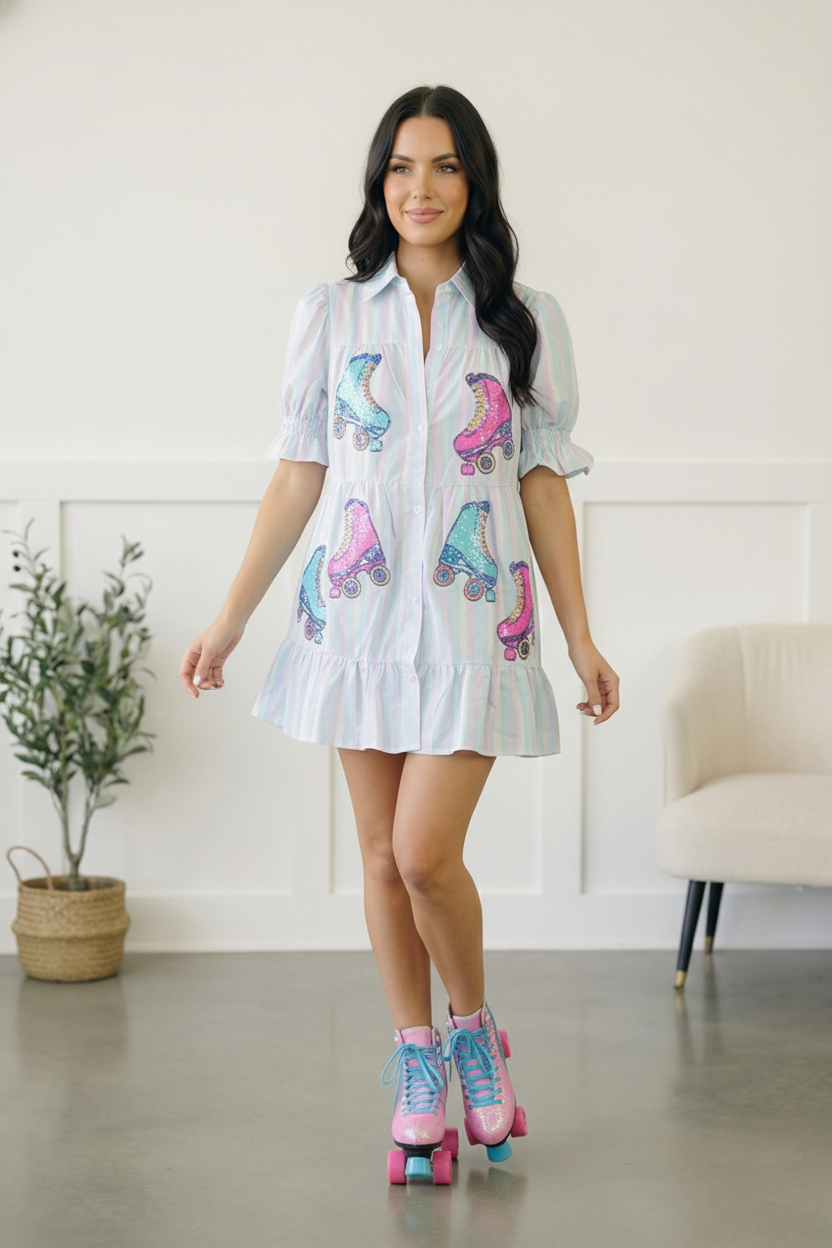 Pastel Multi Stripe Button Roller Skate Sequin Patch Pocket Dress
