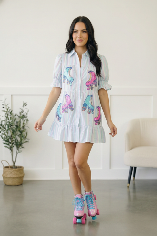 Pastel Multi Stripe Button Roller Skate Sequin Patch Pocket Dress