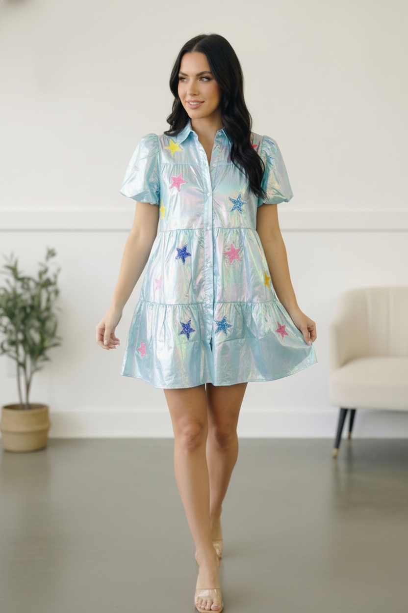 Blue Sequin Star Embroidered Button Pocket Dress