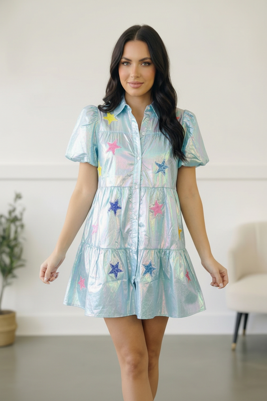 Blue Sequin Star Embroidered Button Pocket Dress