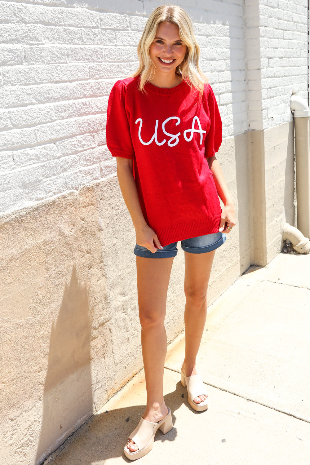 Patriotic USA Red Knit Embroidery Puff Sleeve Sweater Top (Open Pack)
