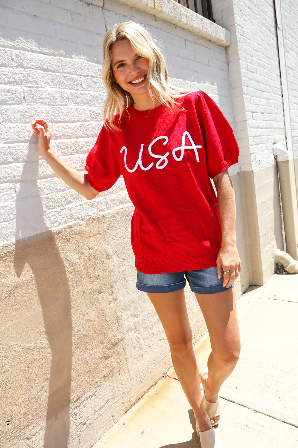 Patriotic USA Red Knit Embroidery Puff Sleeve Sweater Top (Open Pack)