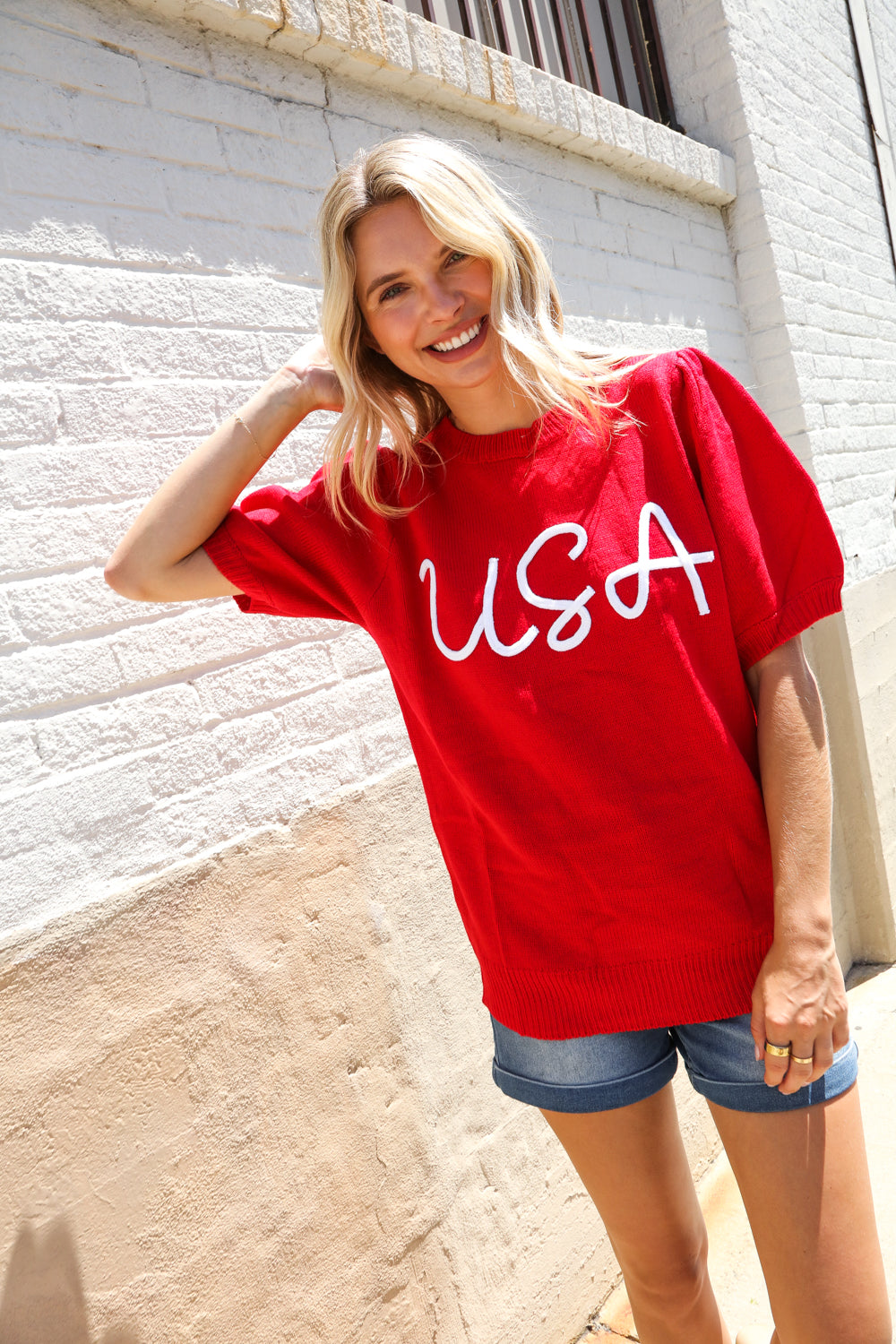 Patriotic USA Red Knit Embroidery Puff Sleeve Sweater Top (Open Pack)