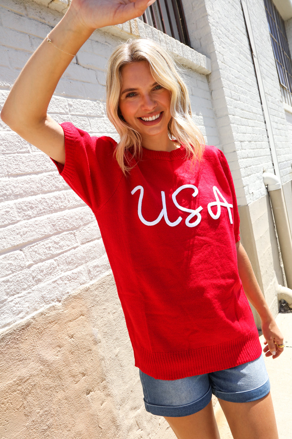 Patriotic USA Red Knit Embroidery Puff Sleeve Sweater Top (Open Pack)