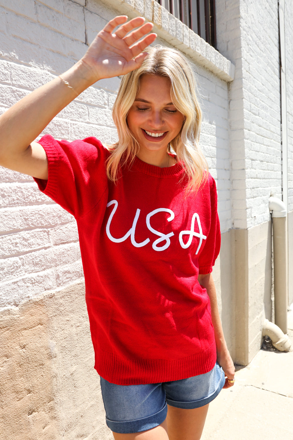 Patriotic USA Red Knit Embroidery Puff Sleeve Sweater Top (Open Pack)